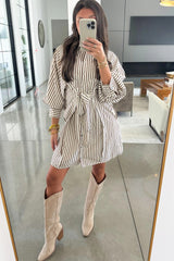 Brown Stripe Knot Waist Puff Sleeve Button Down Mini Shirt Dress
