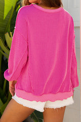 Strawberry Pink Twisted Ribbed Texture Merry Christmas Sequins Patch Top