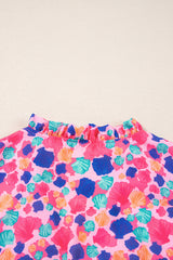 Rose Red Abstract Print Ruffle Sleeve V Neck Blouse