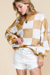 Pink Checked Bishop Sleeve Pullover Sweater