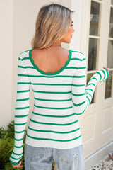 Black White Scalloped Edge Neck Striped Long Sleeve Sweater