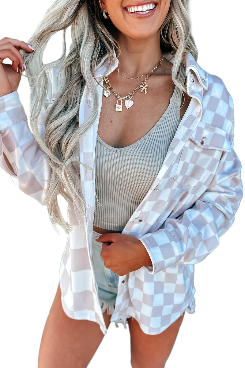 Khaki Checkerboard Flap Pocket Button Front Shacket