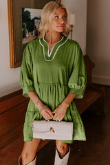 Jungle Green Contrast Stitched V Neck 3/4 Sleeve Swing Mini Dress