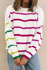 White Colorful Striped Drop Shoulder Crew Neck Sweater