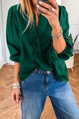 Fiery Red Solid Color Frilled V Neck Bow Detail 3/4 Sleeve Blouse