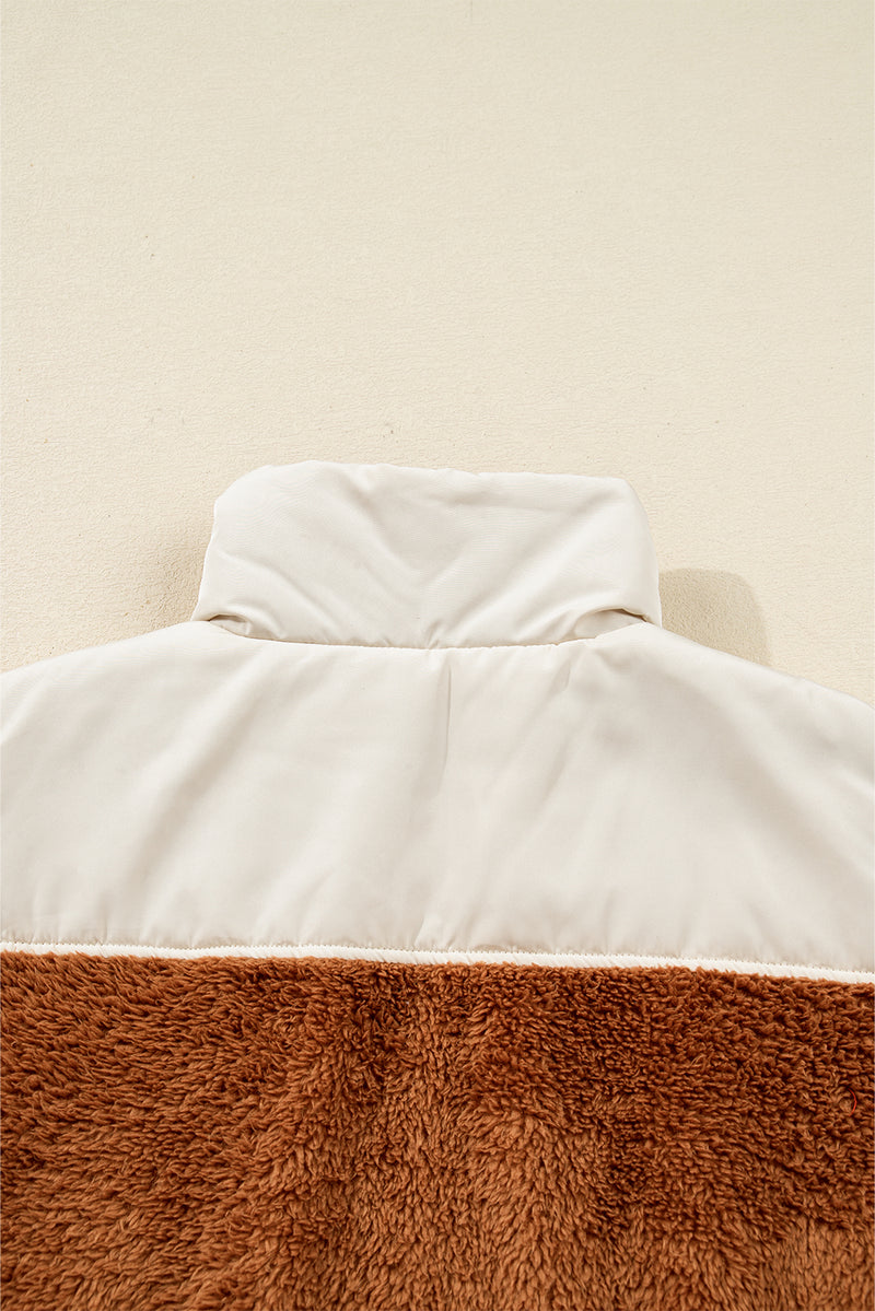 Chestnut Plush Patchwork Zipper Stand Neck Vest