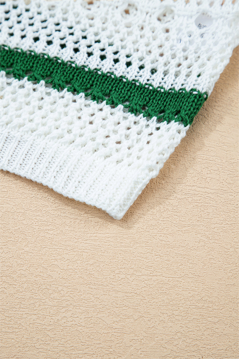 White Colorblock Striped Pointelle Knit Sweater