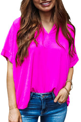 Bright Pink Plain V-Neck Dolman Sleeve Loose Top