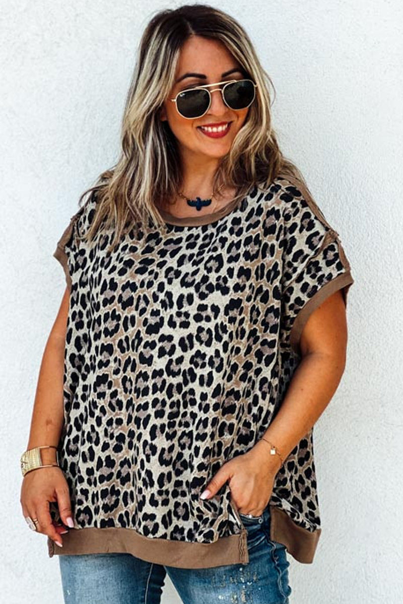 Khaki Leopard Contrast Trim Short Sleeve Loose Plus Size Top