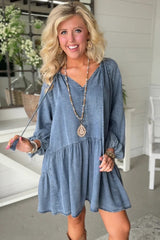 Myosotis Denim Puff Sleeve V Neck Ruffled Loose Mini Dress