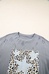 Medium Grey Stars Leopard Graphic Ripped Distressed Tee