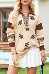Light French Beige Football Sequins Patch Striped Patchwork Polo Sweatshirt