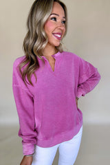 Bright Pink Notched Neck Exposed Seam Drop Shoulder Sweatshirt