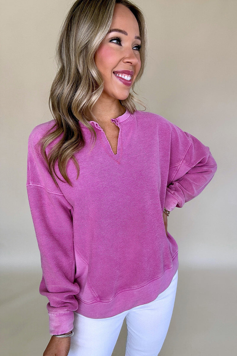 Bright Pink Notched Neck Exposed Seam Drop Shoulder Sweatshirt