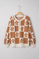 Red Dahlia Flower Colorblock Checkered Henley Sweater