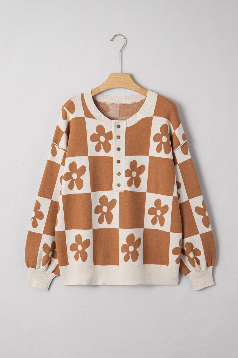 Red Dahlia Flower Colorblock Checkered Henley Sweater