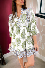 Green Floral Print Contrast Patchwork Ruffle Detail Mini Dress
