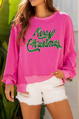 Strawberry Pink Twisted Ribbed Texture Merry Christmas Sequins Patch Top