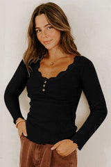 Beige Lace Neckline Button Decor Lettuce Edge Long Sleeve Ribbed Top