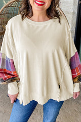Beige Plus Size Plaid Patchwork Sleeve Pullover Top