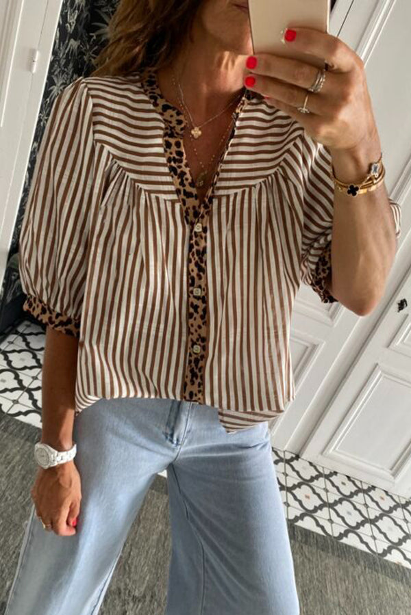 Brown Stripe Leopard Trim V Neck Button Down Half Sleeve Shirt