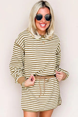 Brown Stripe Textured Drop Shoulder Pullover Top Drawstring Mini Skirt Two Piece Dress Set