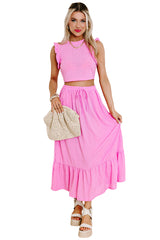 Bonbon Textured Ruffle Trim Crop Top and Drawstring Skirt Set