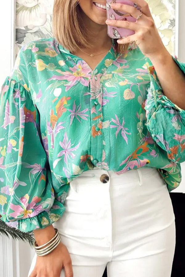 Green Floral Lantern Sleeve Button Front Shirt