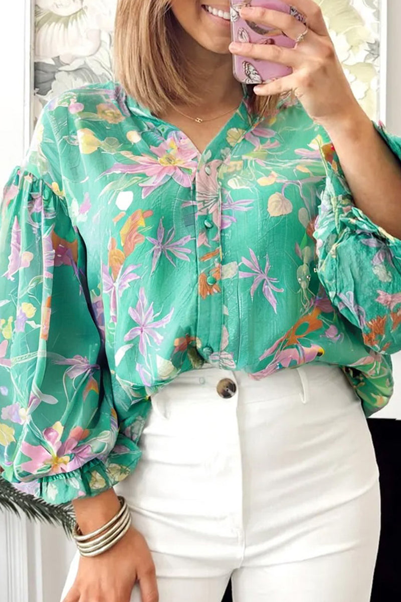 Green Floral Lantern Sleeve Button Front Shirt