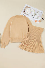 Black High Neck Puff Sleeve Sweater Pleated Mini Skirt 2pcs Knitted Outfit