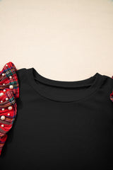 Black Pearl Plaid Ruffle Sleeve Loose T Shirt