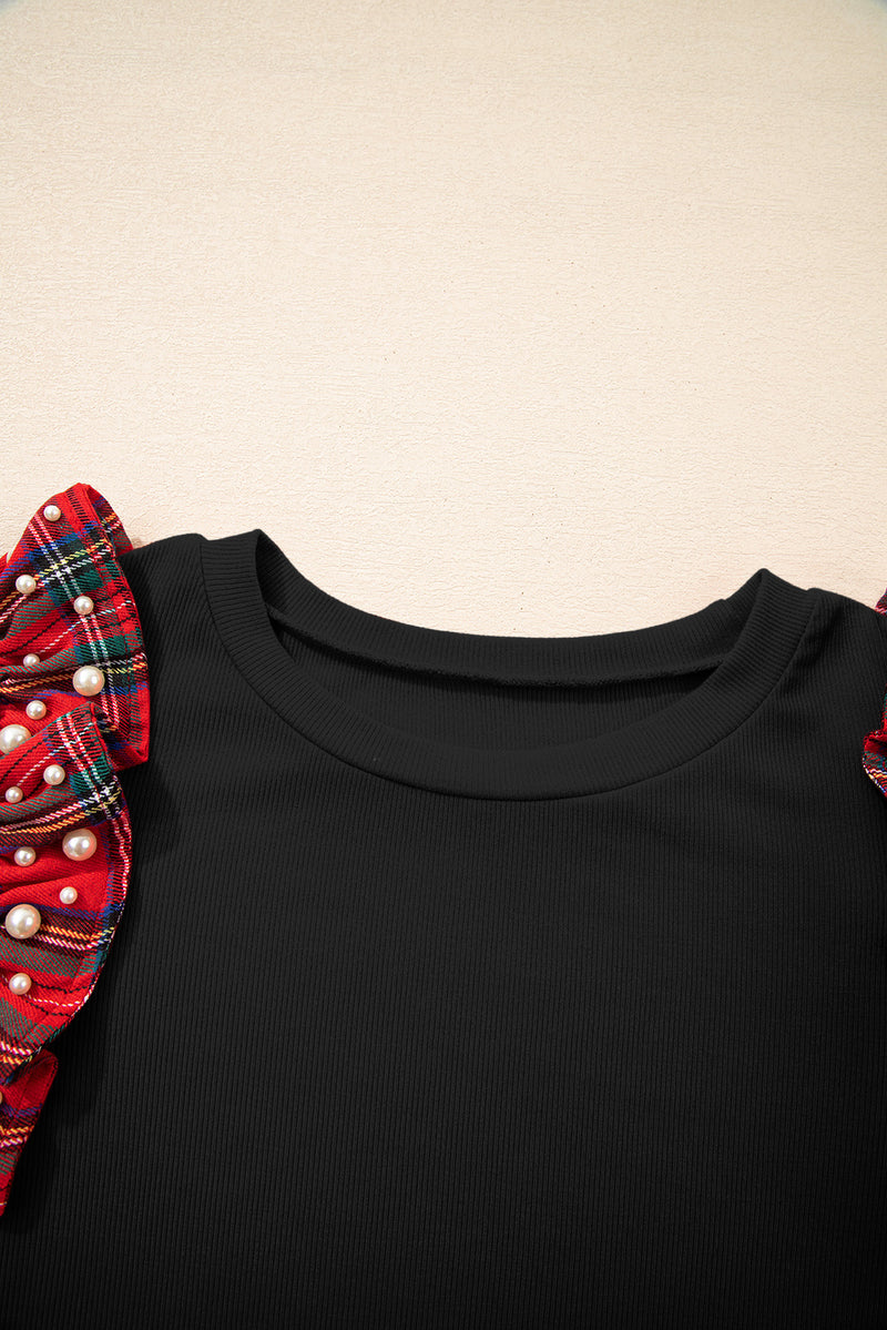 Black Pearl Plaid Ruffle Sleeve Loose T Shirt