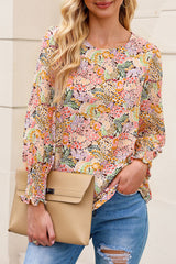 Yellow Floral Print Smocked Cuffs Long Sleeve Blouse