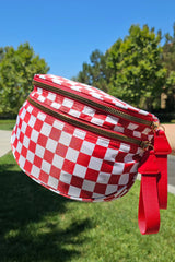 Fiery Red Checkered Print Wide Strap Large Crossbody Bag