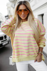Blue Striped Overlap Detail Drop Shoulder Pullover Sweatshirt