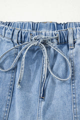 Prussian Blue Drawstring Seam Detail Raw Hem Wide Leg Jeans
