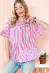 Pink Striped Patchwork Ruffle Button Up Shirt