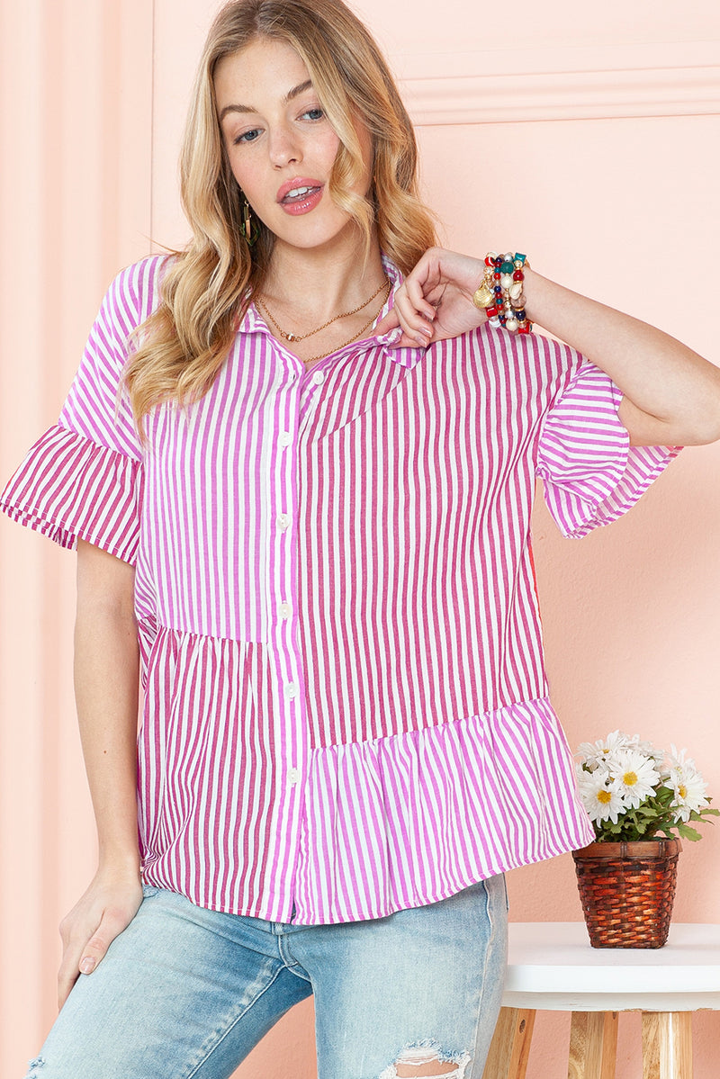 Pink Striped Patchwork Ruffle Button Up Shirt
