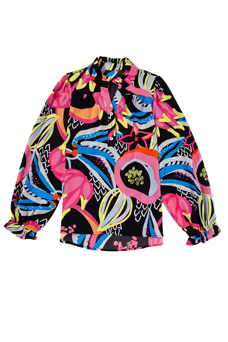 Green Abstract Print Ruffled Sleeve Buttoned V Neck Blouse