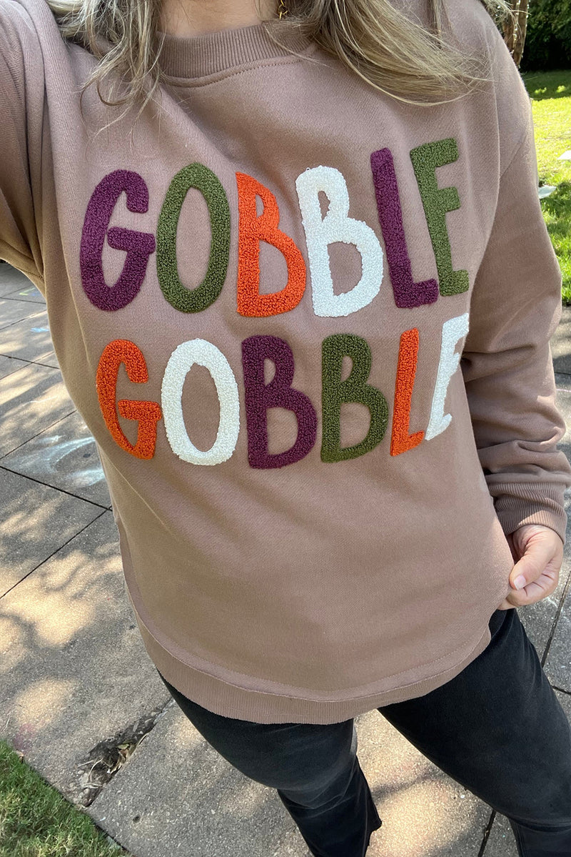 Dark Khaki GOBBLE Letter Graphic Thanksgiving Sweatshirt