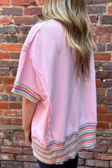 Pink Rainbow Stripe Ribbed Patchwork Raw Seam Oversize Polo Tee