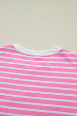 Pink Stripe Round Neck Drop Shoulder Short Sleeve Loose Top