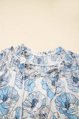 Sky Blue Floral Print Tie Neck Long Sleeve Flowy Mini Dress