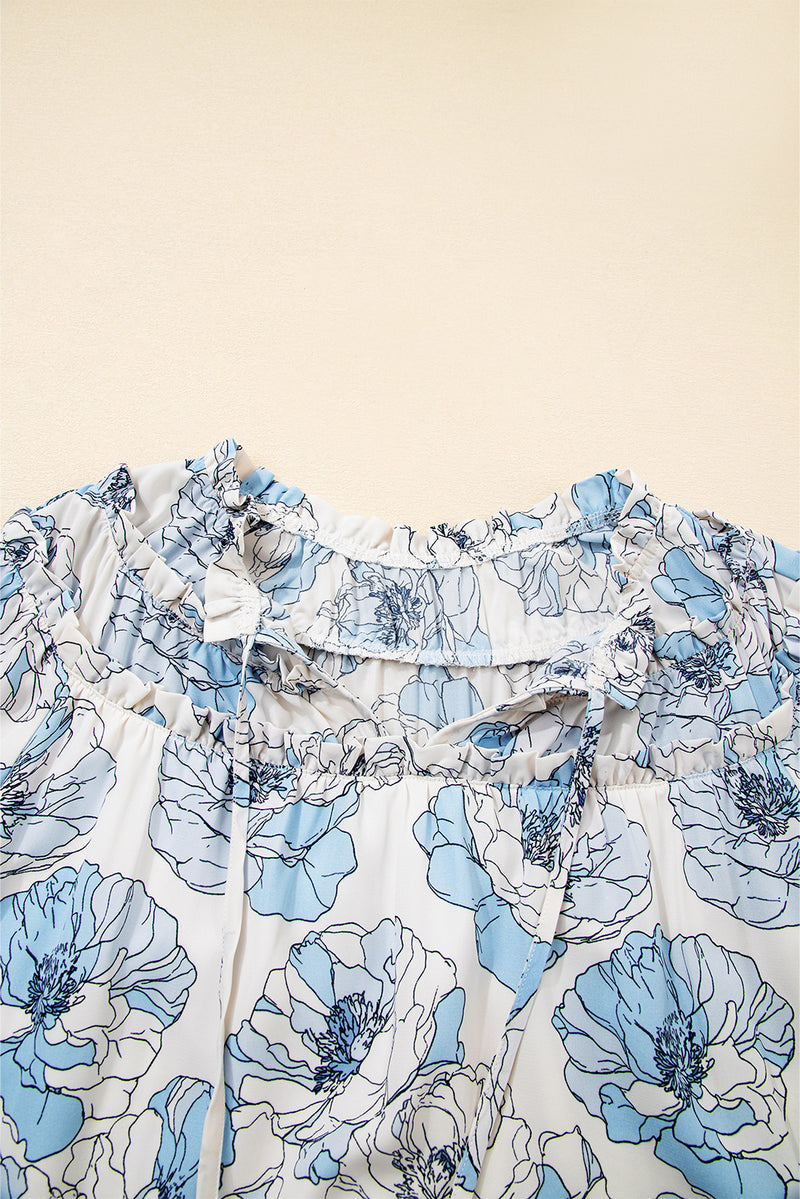 Sky Blue Floral Print Tie Neck Long Sleeve Flowy Mini Dress