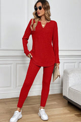Racing Red Ribbed Notched Neck Knit Long Sleeve Leggings Two Pieces Lounge Set