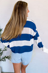 Blue Stripe Colorblock Polo Collar Eyelet Crochet Knit Sweater
