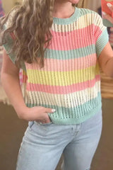 Green Stripe Color Block Hollow Out Knit Short Sleeve Sweater