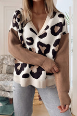 Jet Stream Leopard Print Colorblock Patchwork Sleeve V Neck Sweater