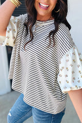 Black Stripe Floral Puff Sleeve Patchwork Round Neck Loose Top