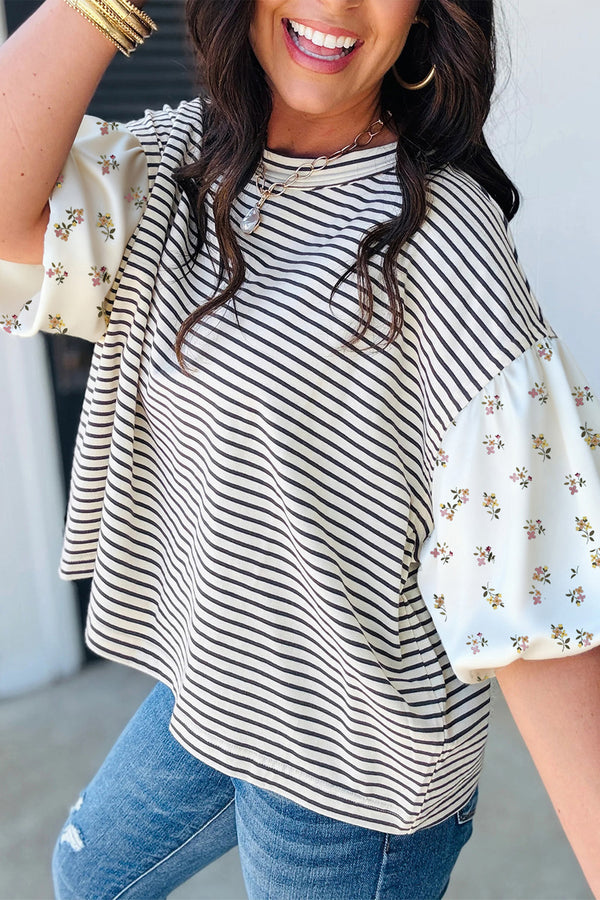 Black Stripe Floral Puff Sleeve Patchwork Round Neck Loose Top